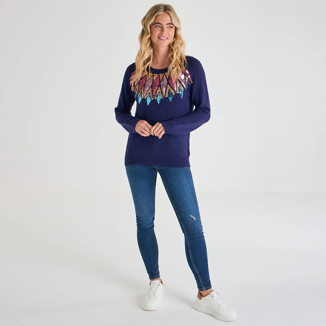 Ladies navy jumper with colourful sequin detail around the neckline, long sleeve xmas sweater