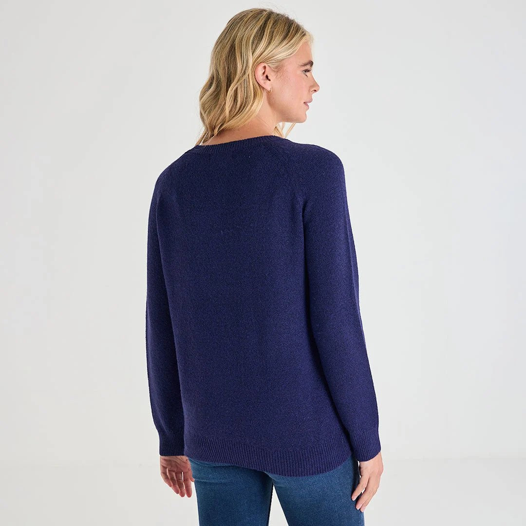 Ladies navy jumper with colourful sequin detail around the neckline, long sleeve xmas sweater