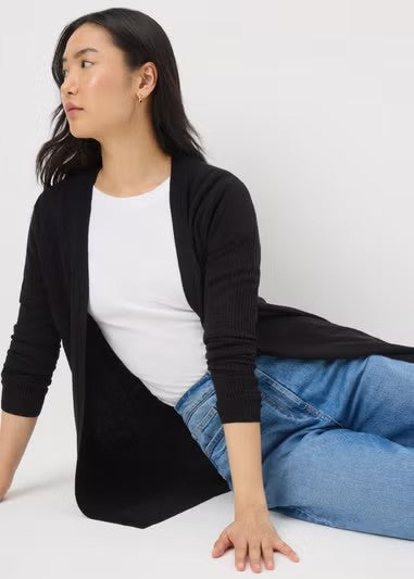Ladies Elegant Longline Edge-to-Edge Open Cardigan - Black