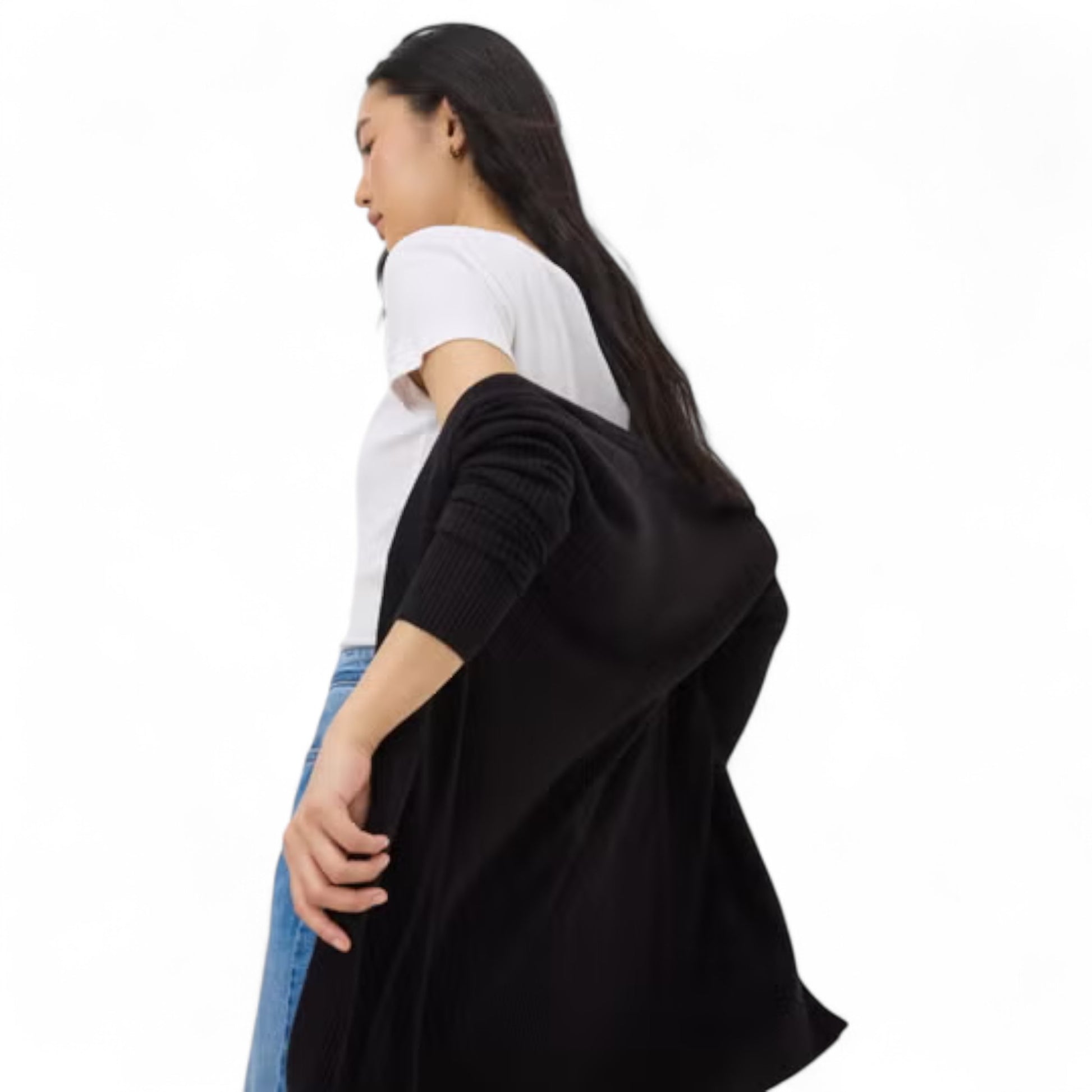 Ladies Elegant Longline Edge-to-Edge Open Cardigan - Black