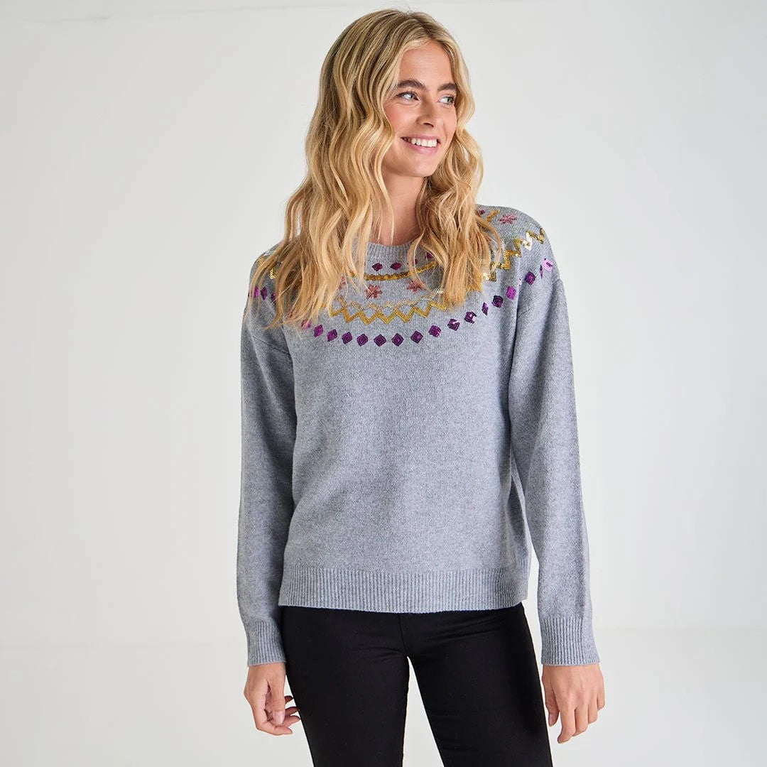 Ladies light grey jumper with colourful embroidered neckline pattern, long sleeve xmas jumper
