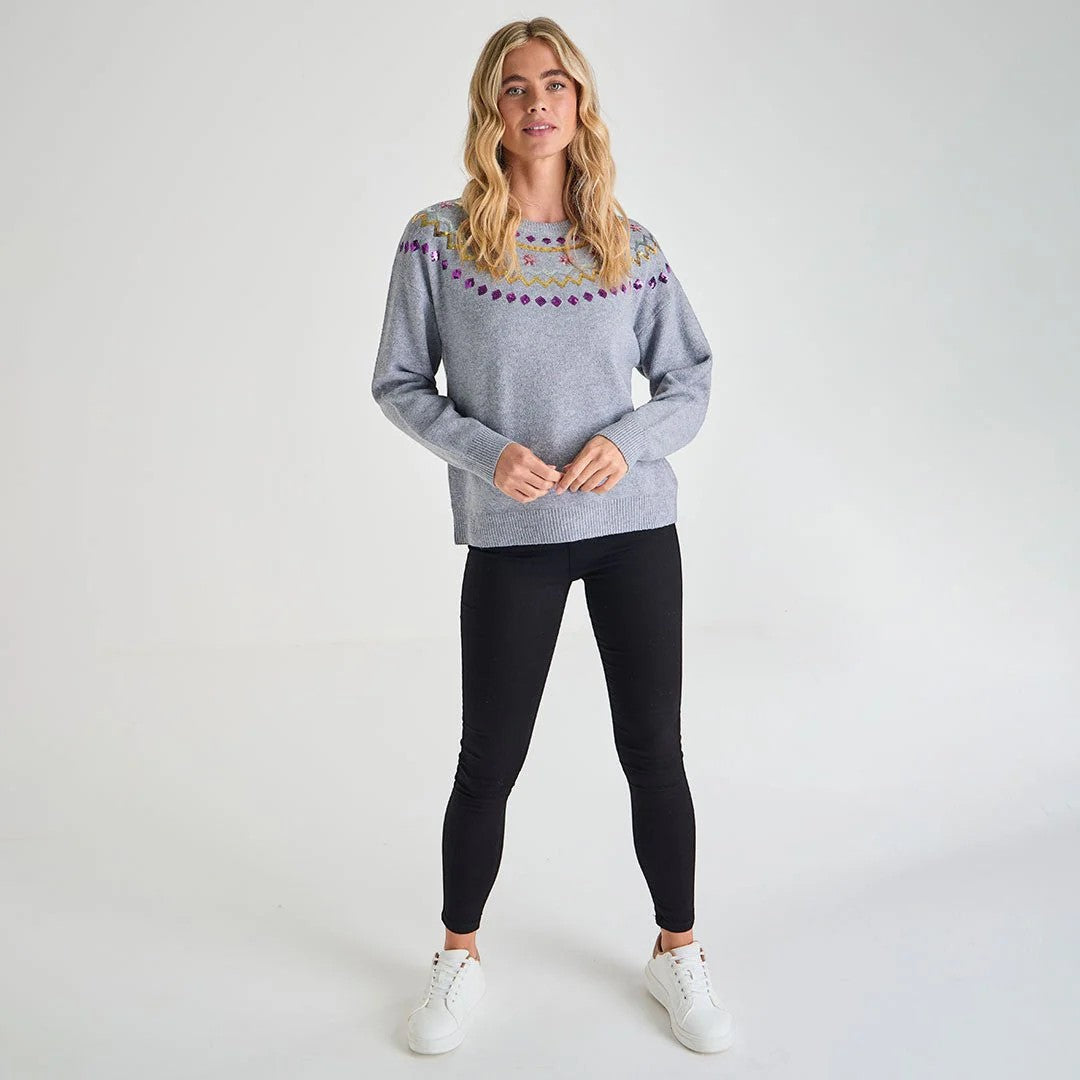 Ladies light grey jumper with colourful embroidered neckline pattern, long sleeve xmas jumper