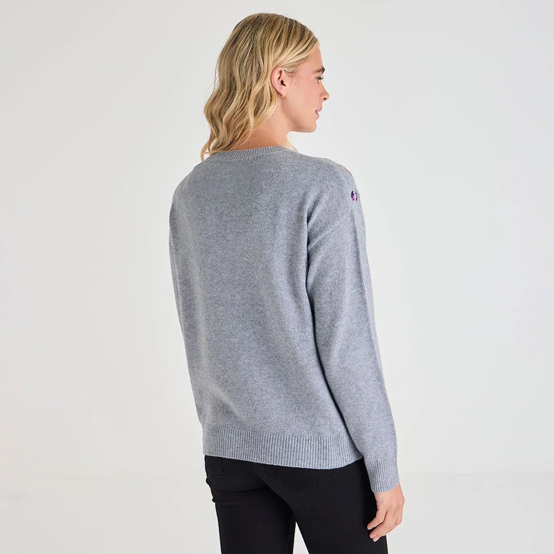 Ladies light grey jumper with colourful embroidered neckline pattern, long sleeve xmas jumper