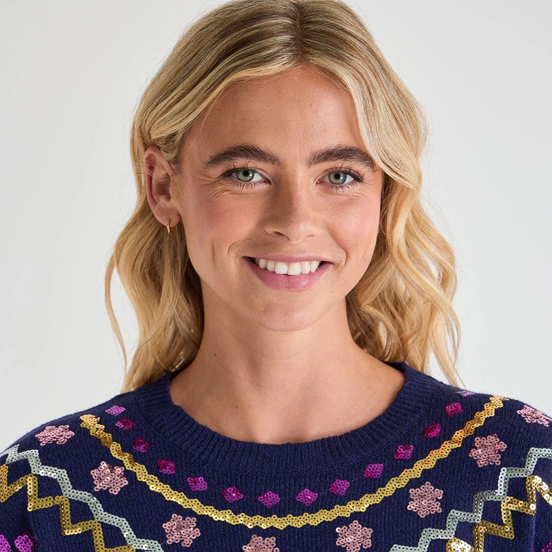 Ladies navy jumper with colourful embroidered neckline pattern, long sleeve xmas sweater