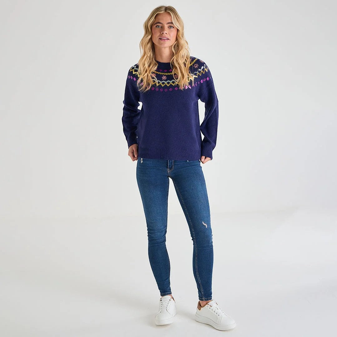 Ladies navy jumper with colourful embroidered neckline pattern, long sleeve xmas sweater
