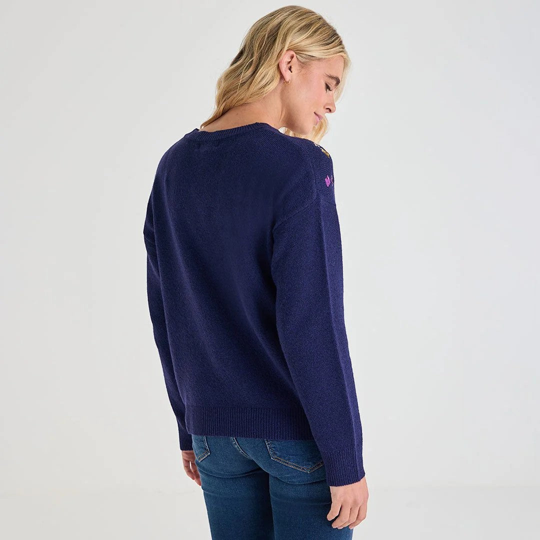 Ladies navy jumper with colourful embroidered neckline pattern, long sleeve xmas sweater