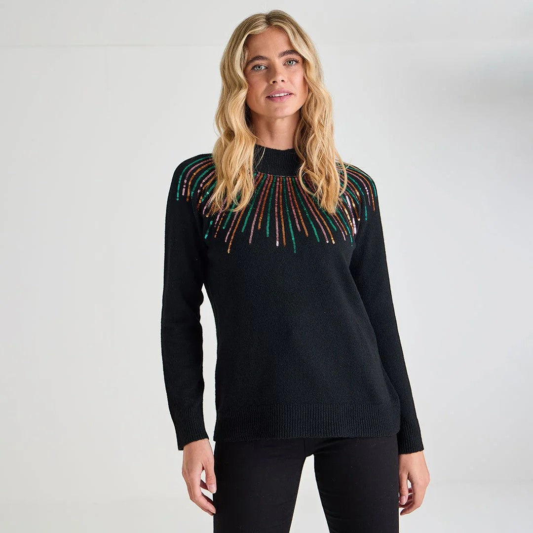 Ladies black jumper with colourful sequin neckline design, long sleeve xmas sweater
