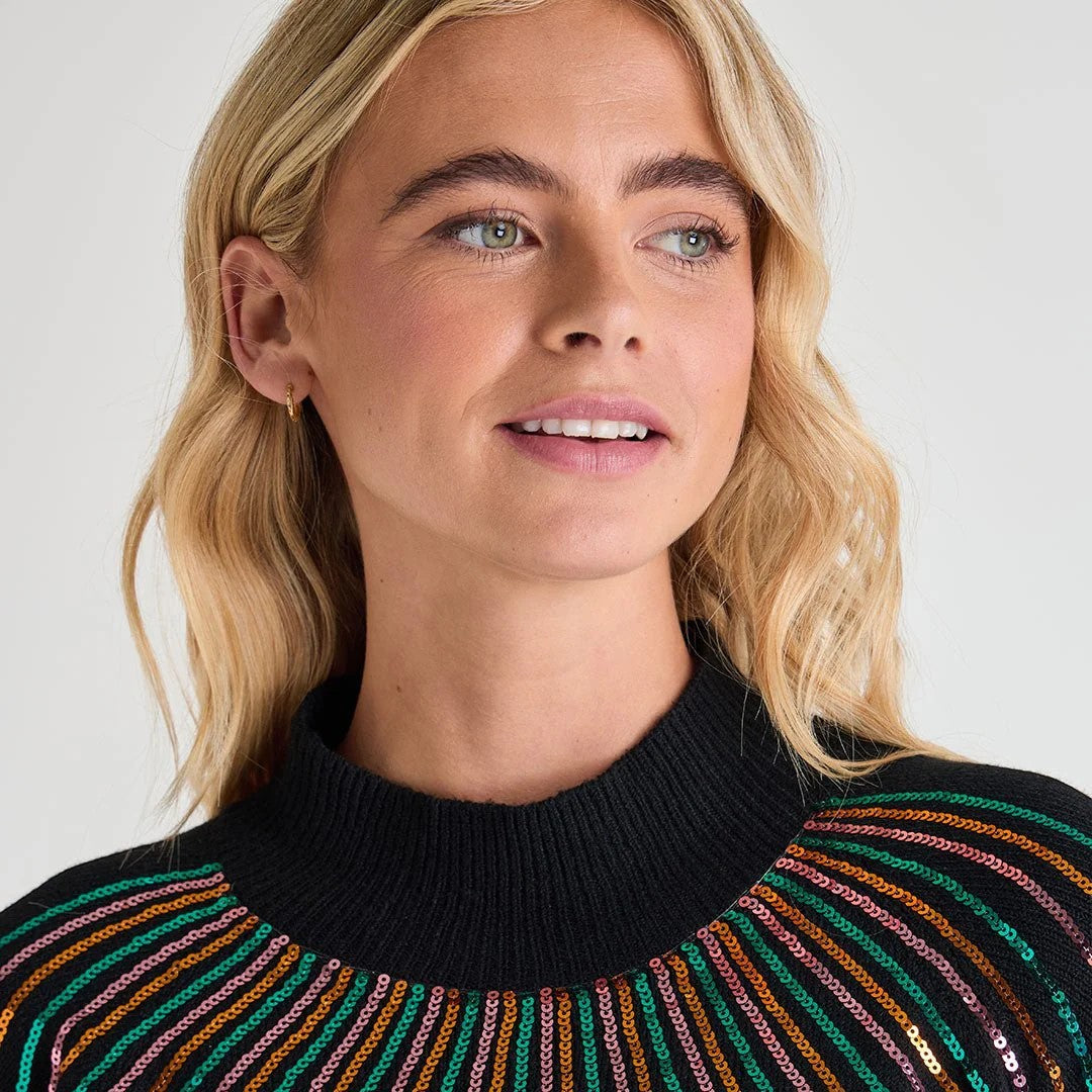 Ladies black jumper with colourful sequin neckline design, long sleeve xmas sweater