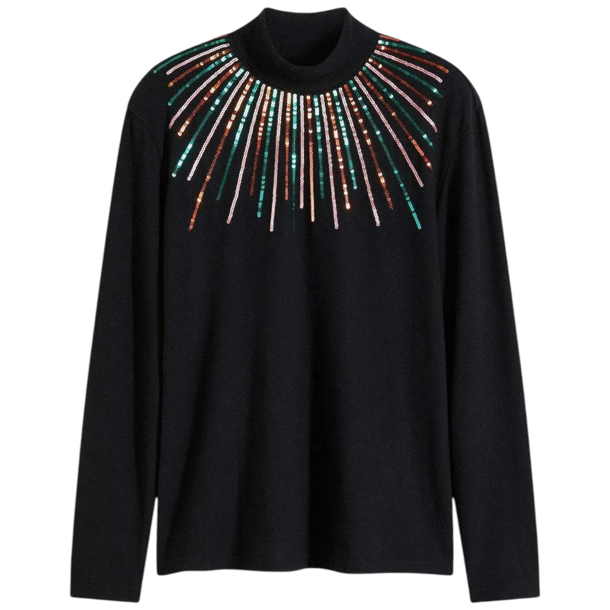 Ladies black jumper with colourful sequin neckline design, long sleeve xmas sweater
