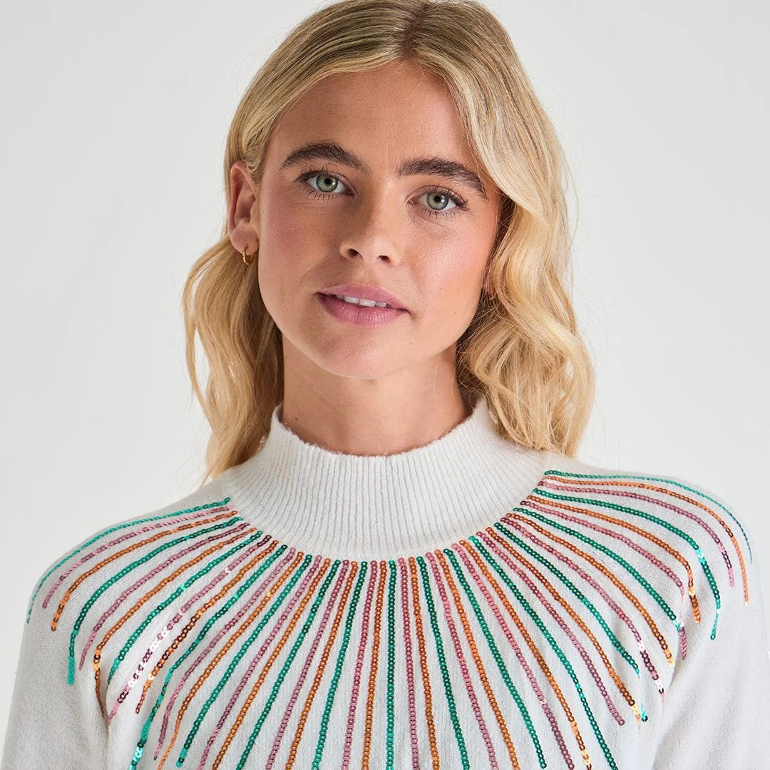 Ladies white jumper with colourful sequin neckline design, long sleeve xmas sweater