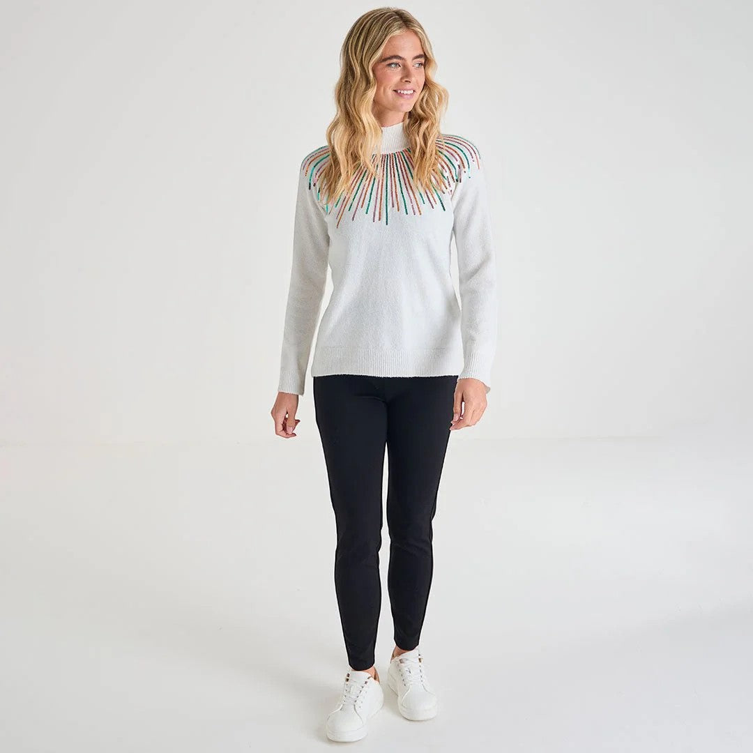 Ladies white jumper with colourful sequin neckline design, long sleeve xmas sweater