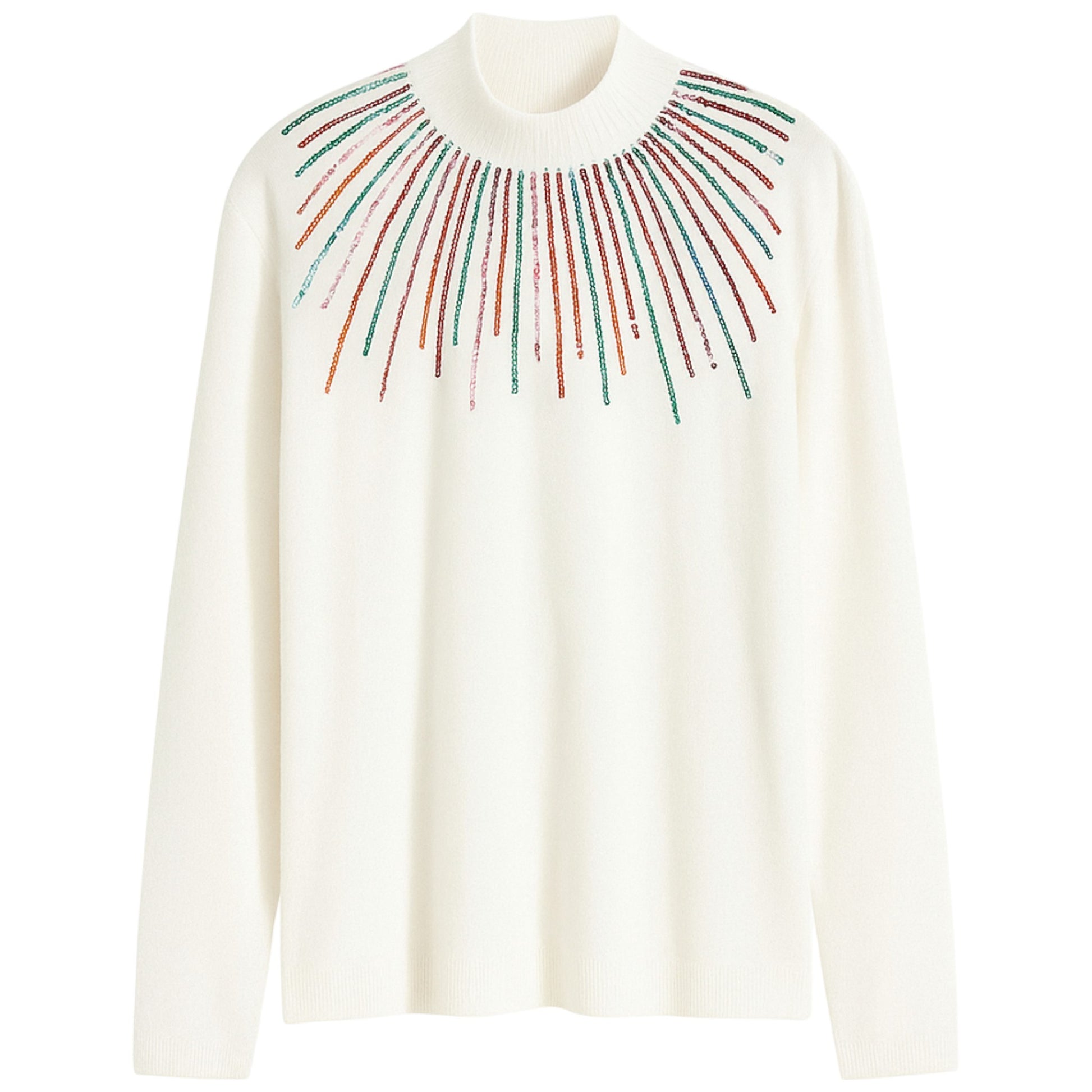 Ladies white jumper with colourful sequin neckline design, long sleeve xmas sweater