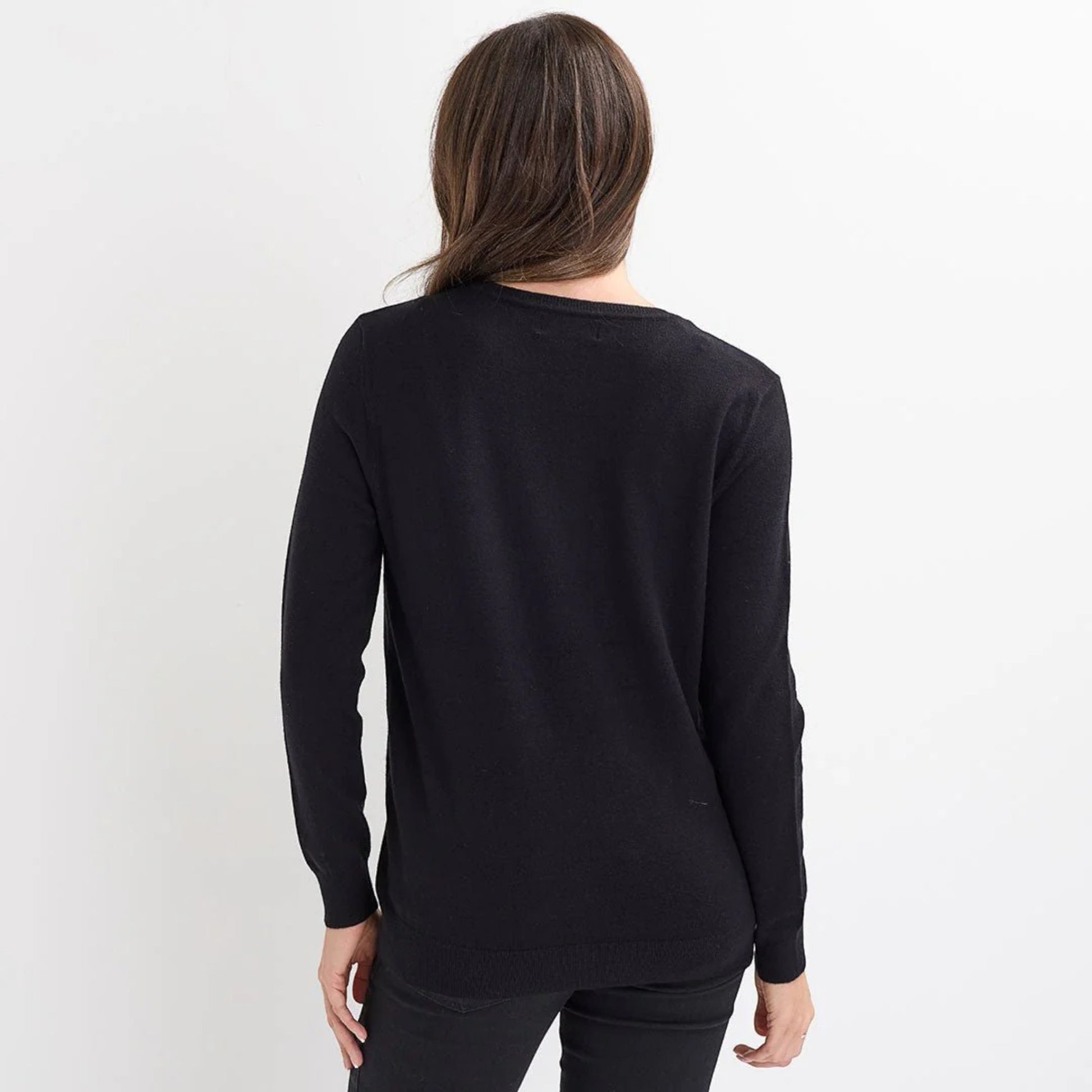 Ladies black Christmas jumper with sequin ‘Merry Fizzmas’ slogan, champagne bottle and glasses design, long sleeves and festive xmas style.