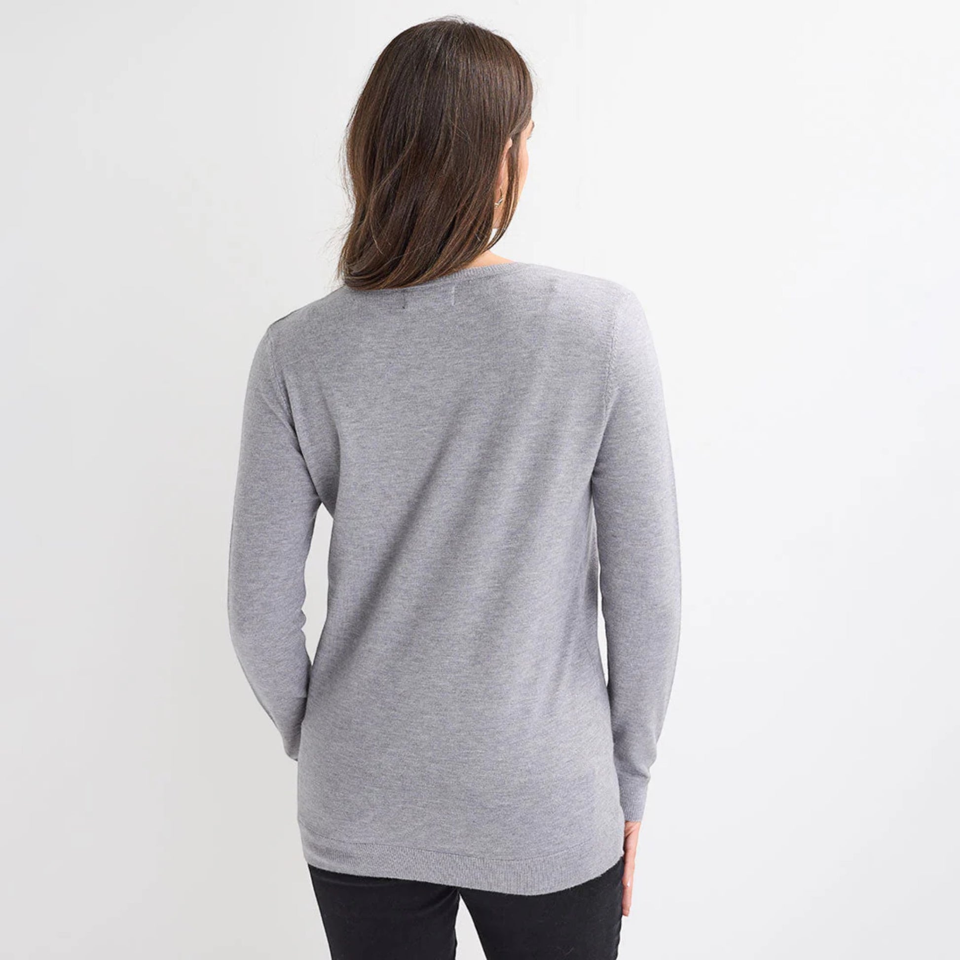 Ladies grey Christmas jumper with sequin ‘Merry Fizzmas’ slogan, champagne bottle and glasses design, long sleeves and festive xmas style.