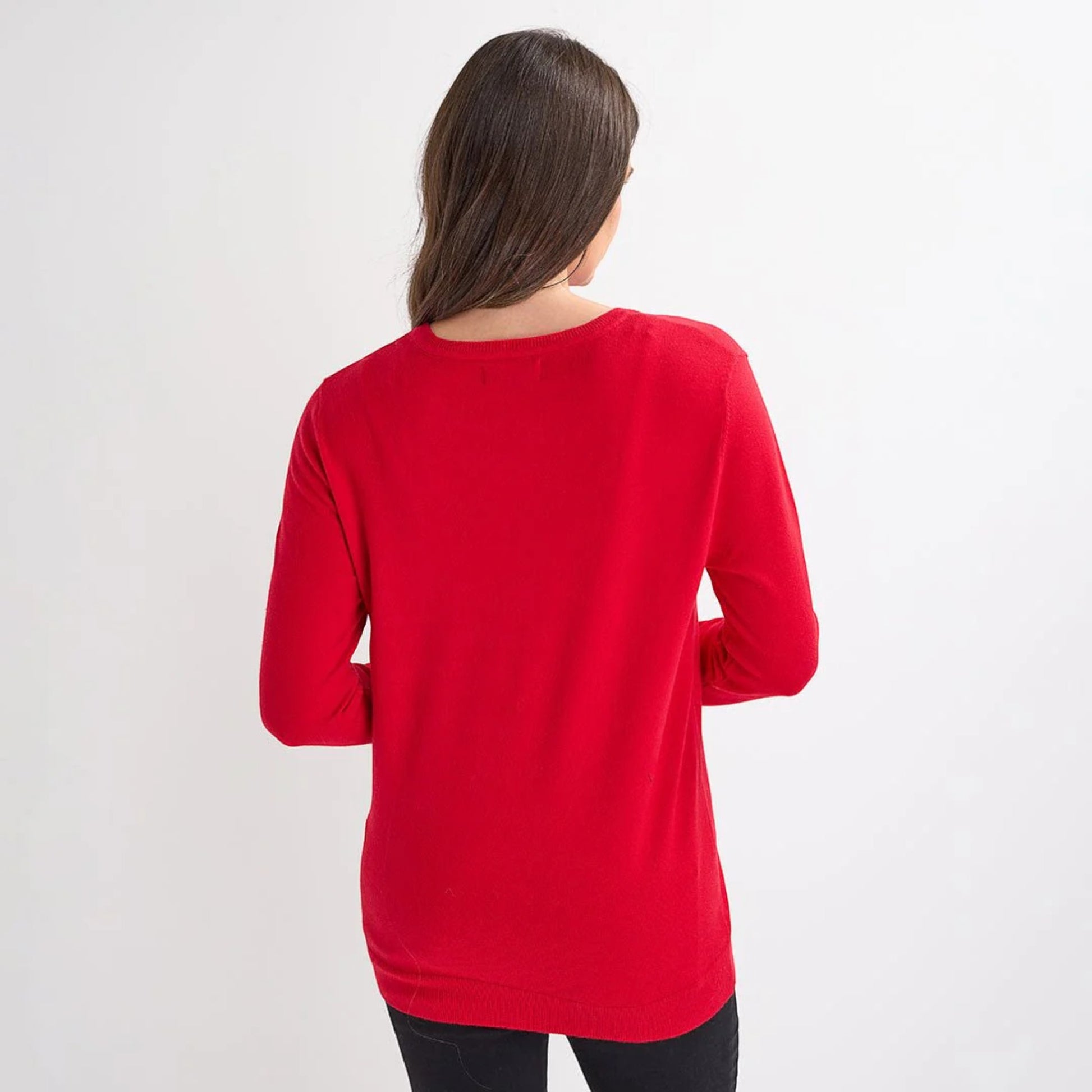 Ladies red Christmas jumper with sequin ‘Merry Fizzmas’ slogan, champagne bottle and glasses design, long sleeves and festive xmas style.