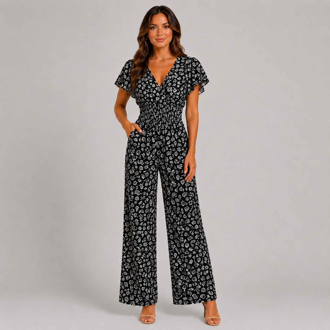 Womens floral print jumpsuit in black with short sleeves and shirred waist