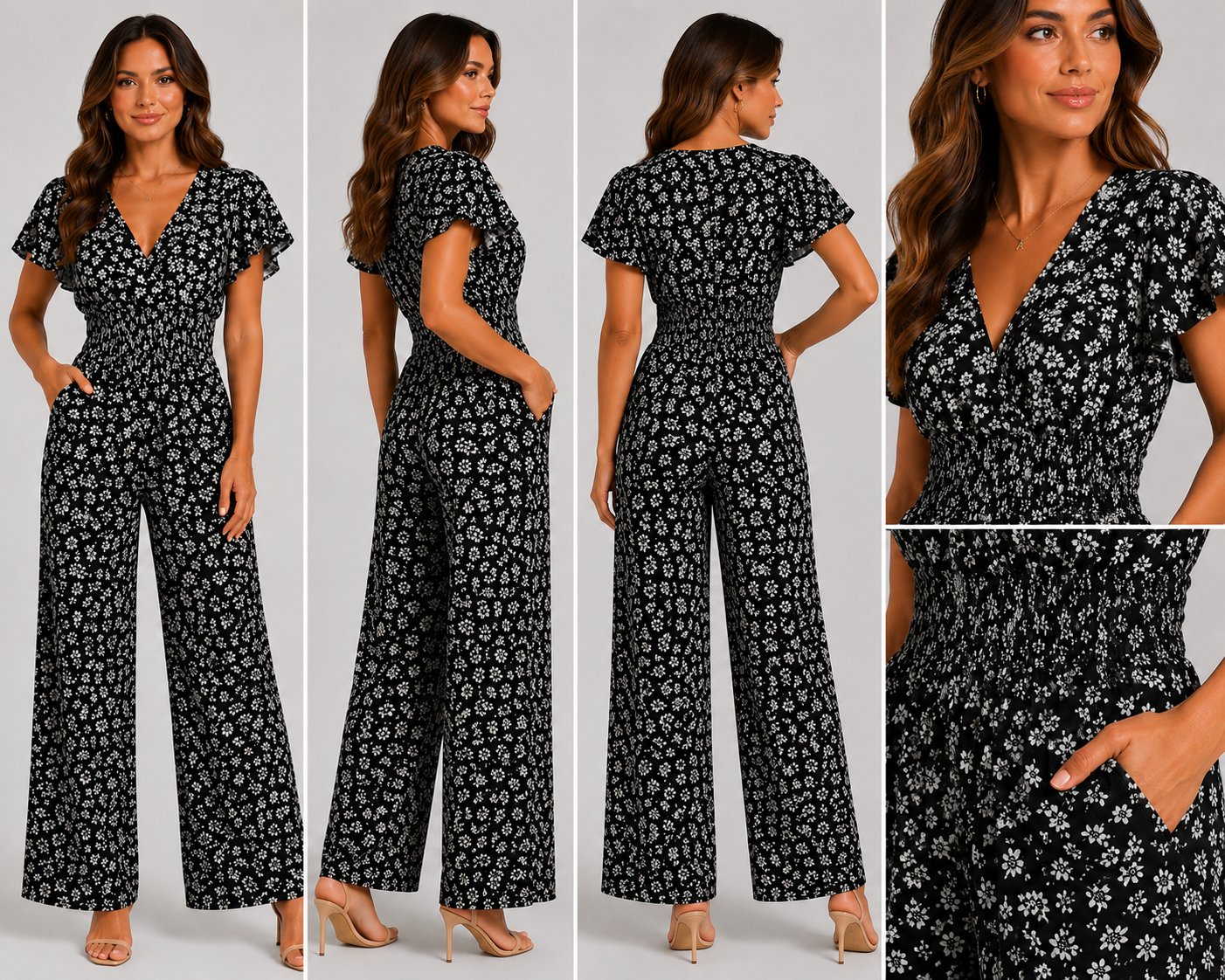 Womens floral print jumpsuit in black with short sleeves and shirred waist