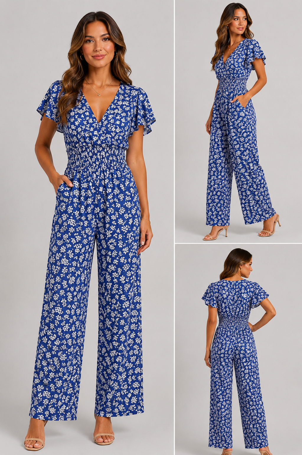 Ladies floral print v-neck jumpsuit in blue with short sleeves and shirred waist