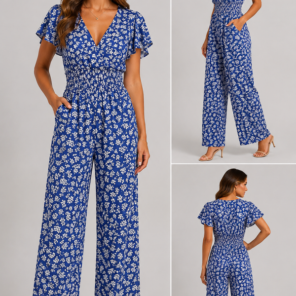 Ladies Shirred Floral V-Neck Jumpsuit - (Denim Blue)