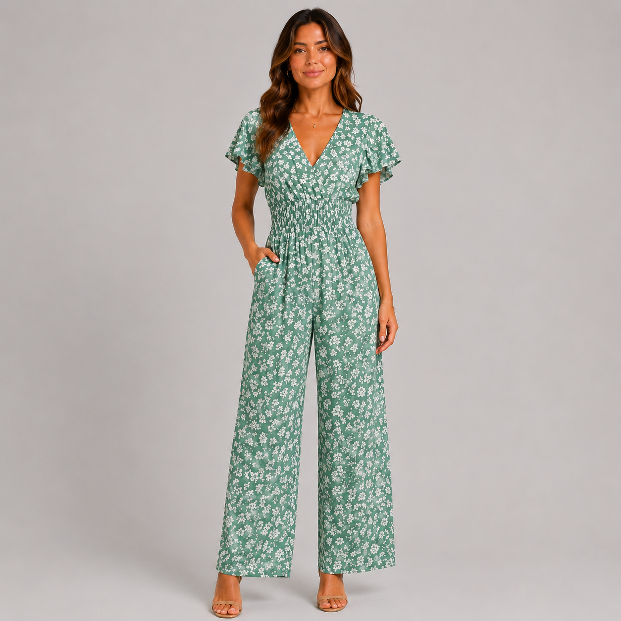 Ladies floral print v-neck jumpsuit in sage green with short sleeves and shirred waist
