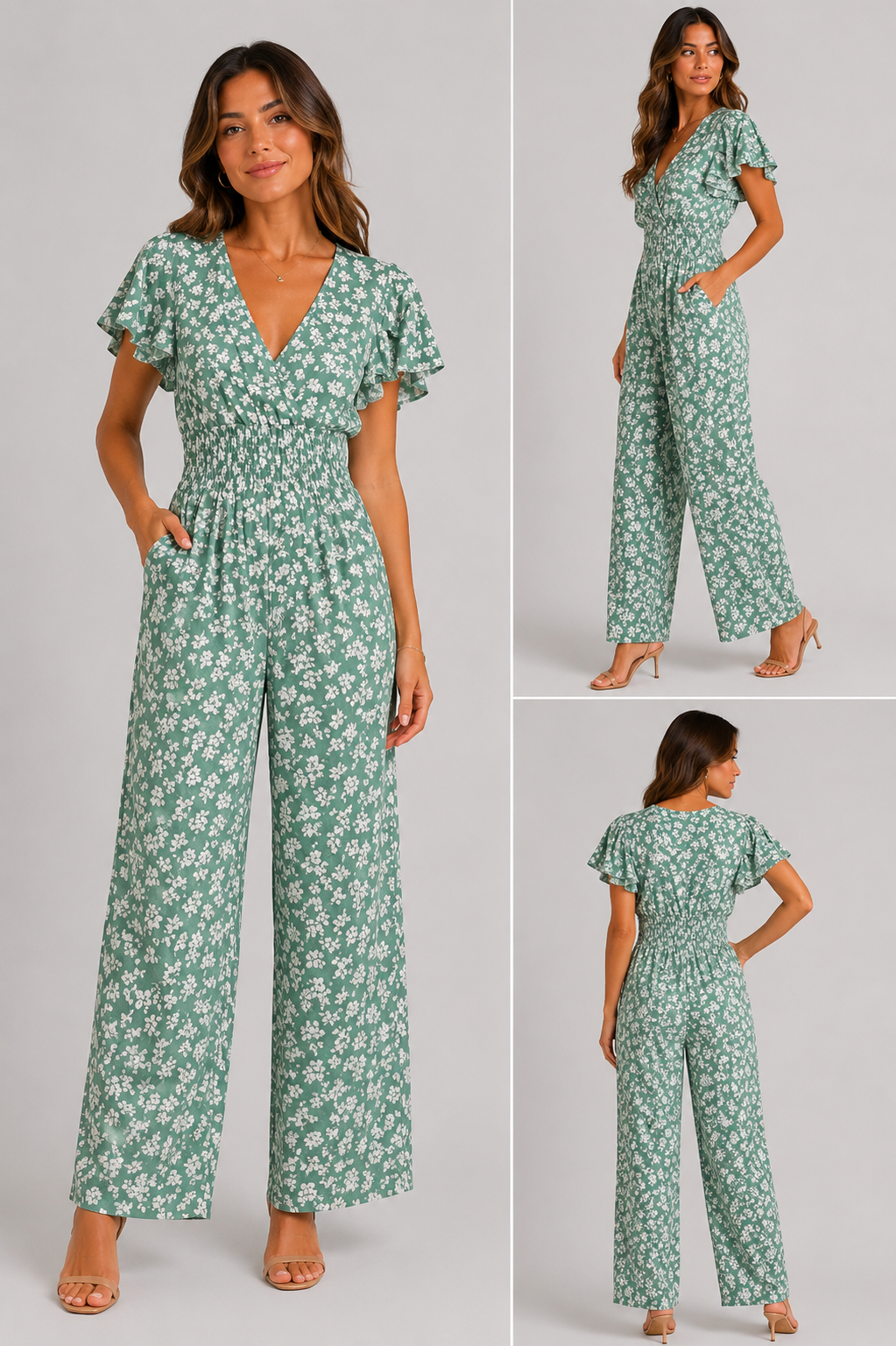 Ladies floral print v-neck jumpsuit in sage green with short sleeves and shirred waist