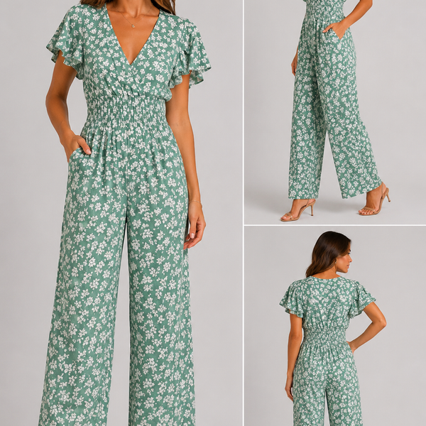 Ladies Shirred Floral V-Neck Jumpsuit - (Sage Green)