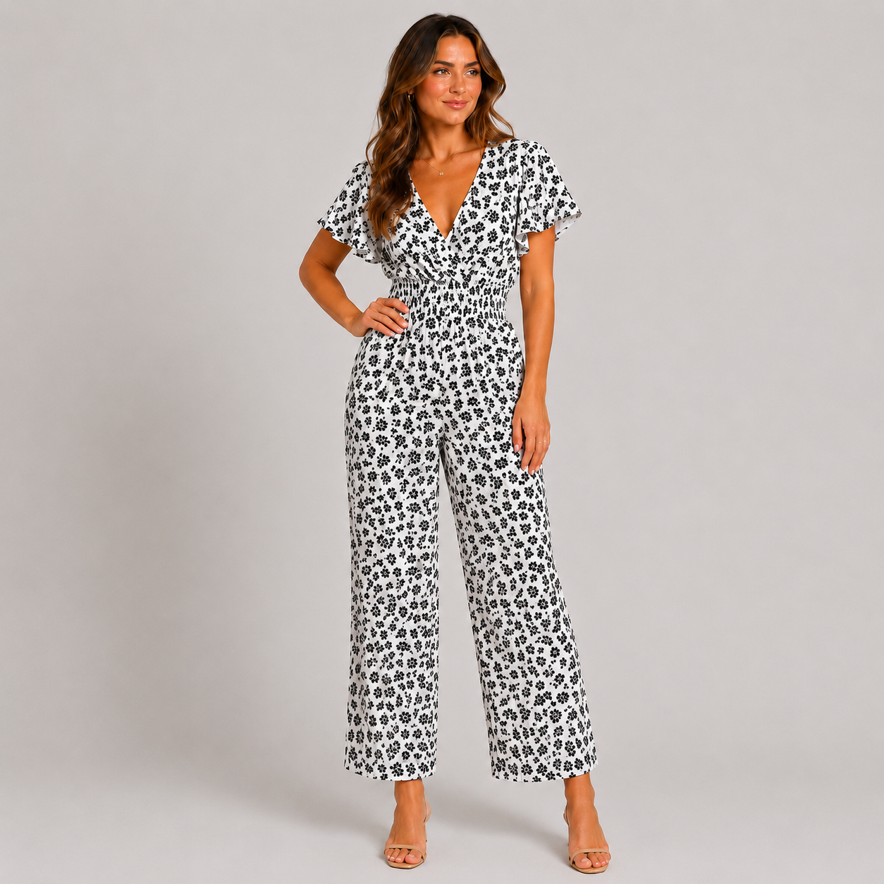 Ladies floral print v-neck jumpsuit in white with short sleeves and shirred waist
