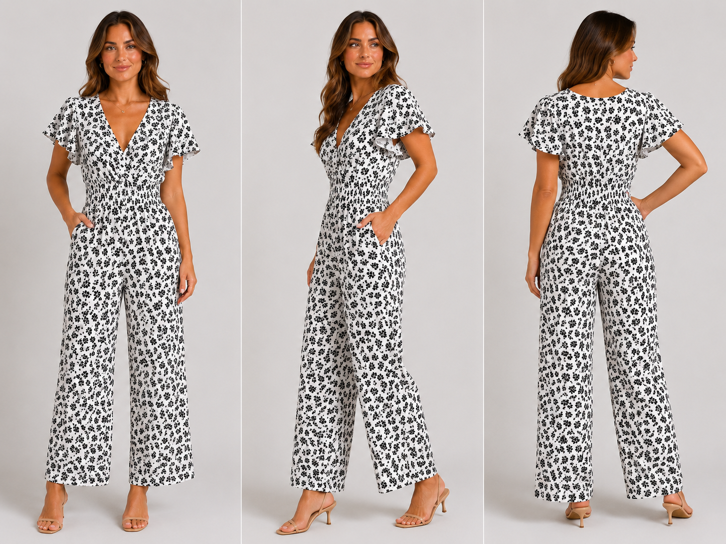 Ladies floral print v-neck jumpsuit in white with short sleeves and shirred waist