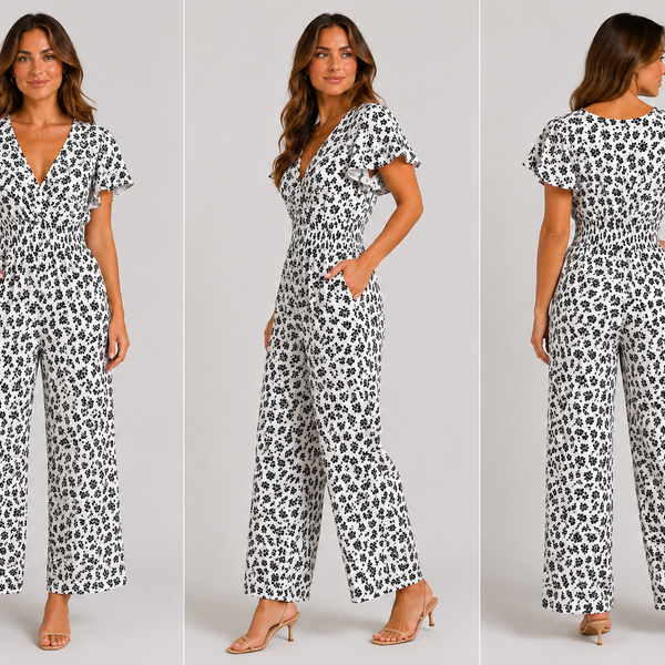 Ladies Shirred Floral V-Neck Jumpsuit - (White)