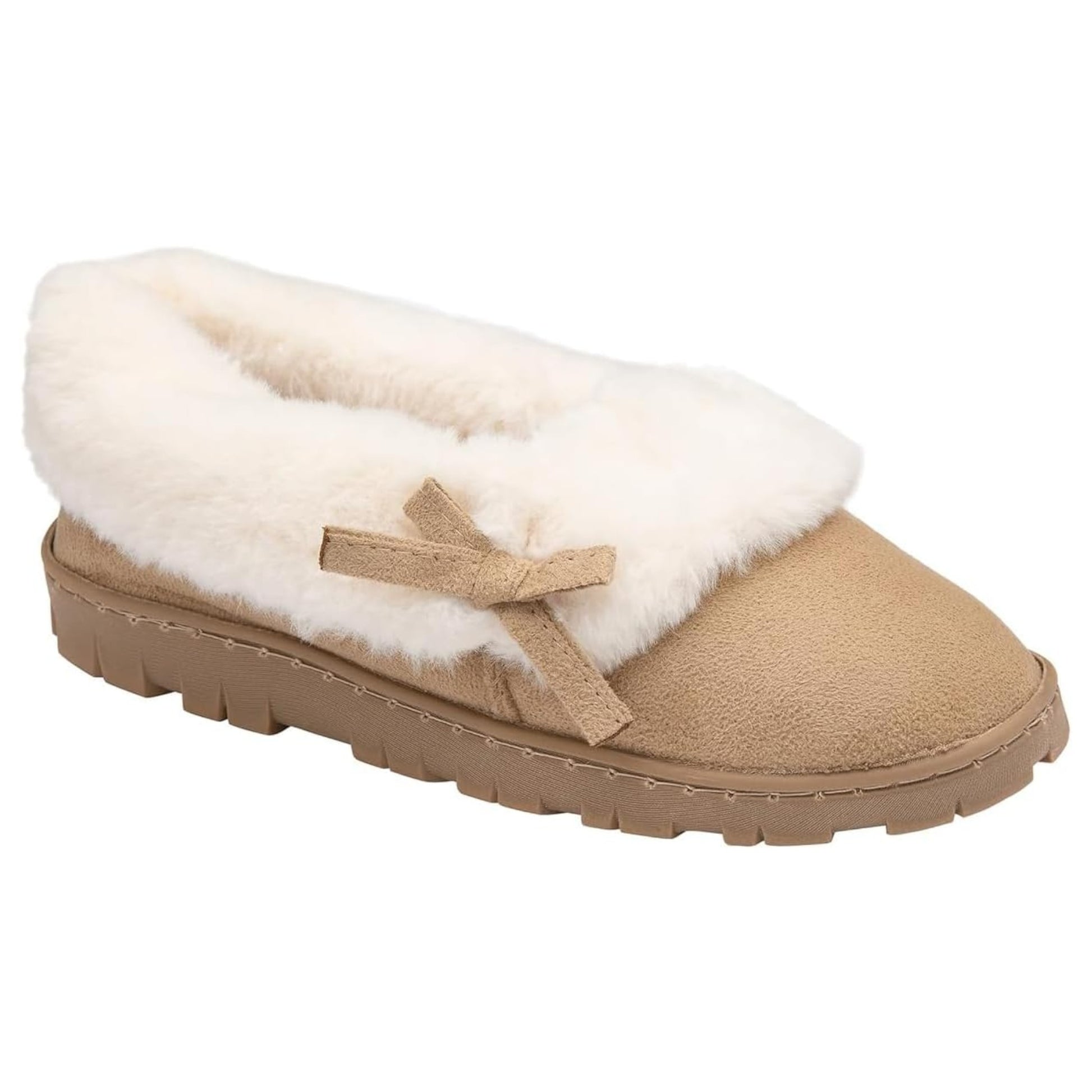 Women’s Dunlop slip-on slippers with bow detail and warm fleece lining in beige