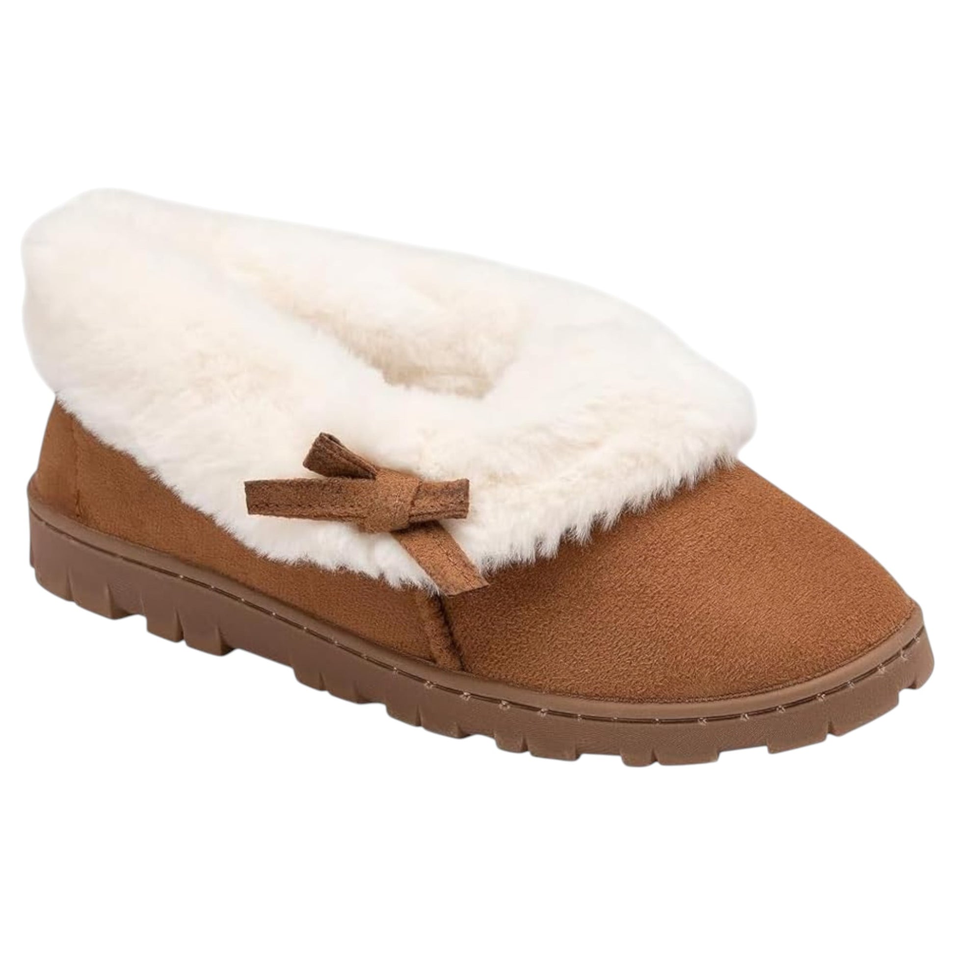 Women’s Dunlop slip-on slippers with bow detail and warm fleece lining in chestnut