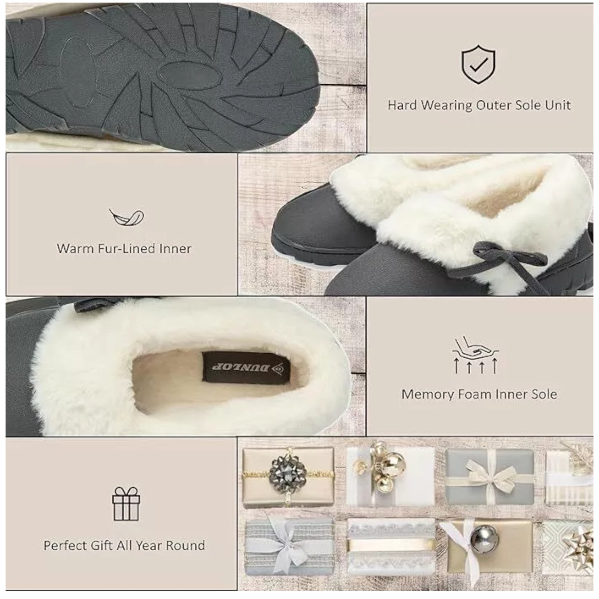 Women’s Dunlop slip-on slippers with bow detail and warm fleece lining in grey
