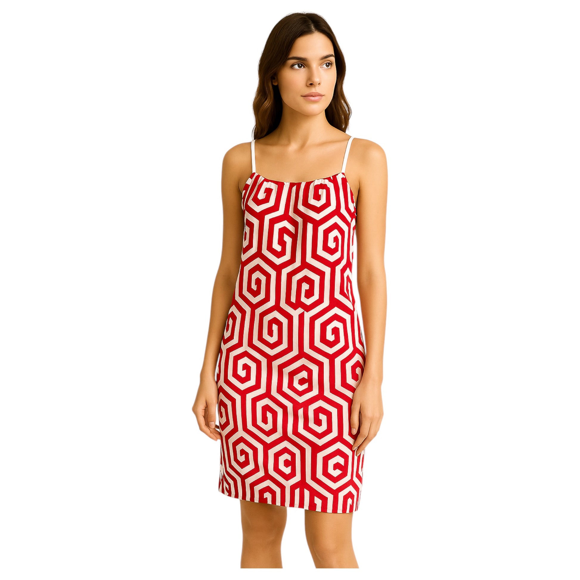 Women's geometric print strappy summer dresses in red – made in Italy knee-length sleeveless holiday dress collection