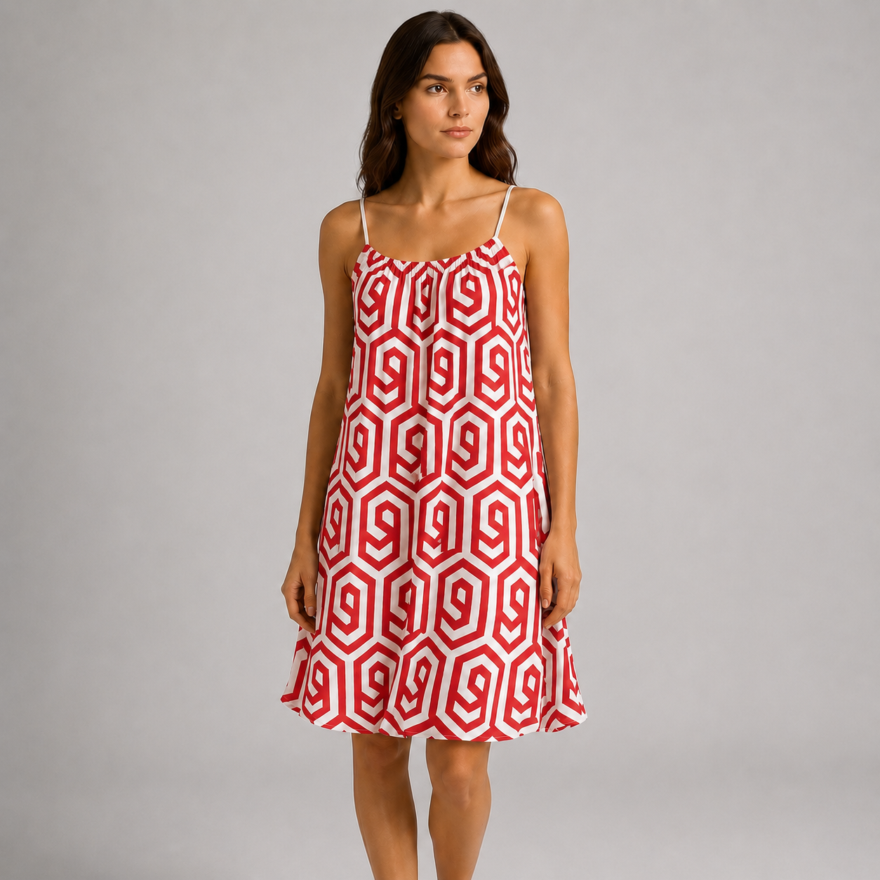 Women's geometric print strappy summer dresses in red – made in Italy knee-length sleeveless holiday dress collection