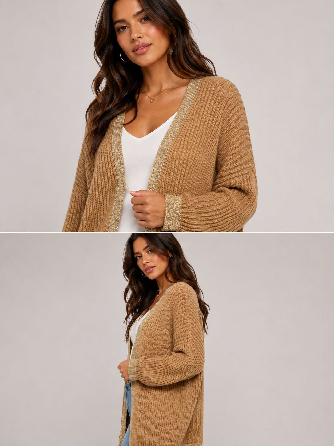 Ladies Italian edge to edge knitted cardigan in beige with gold trim, soft ribbed knit open front cardigan for women, stylish lightweight layering knitwear.