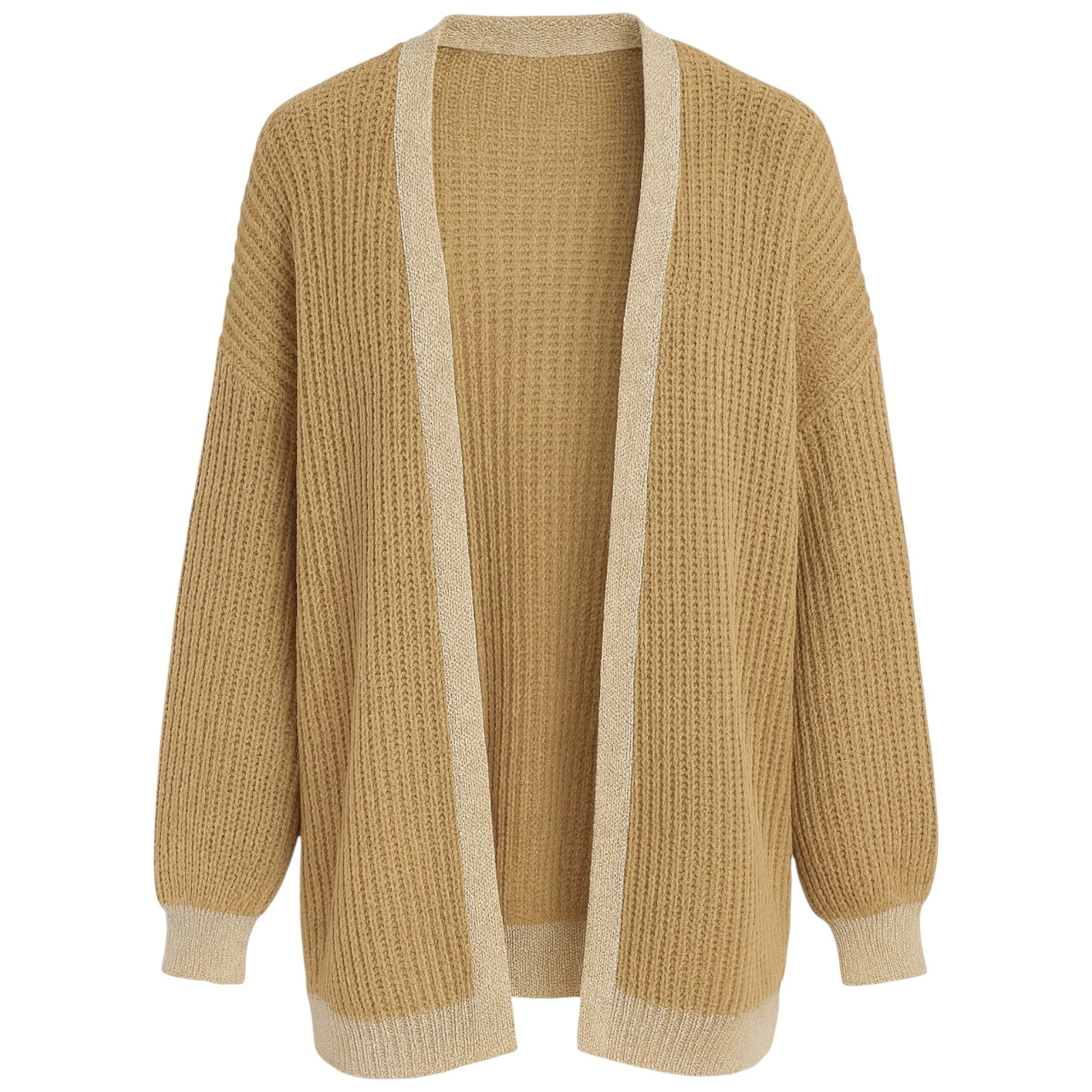 Ladies Italian edge to edge knitted cardigan in beige with gold trim, soft ribbed knit open front cardigan for women, stylish lightweight layering knitwear.