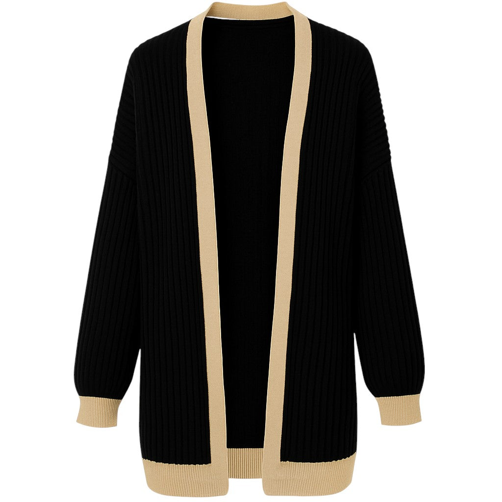Ladies Italian edge to edge knitted cardigan in black with gold trim, soft ribbed knit open front cardigan for women, stylish lightweight layering knitwear.