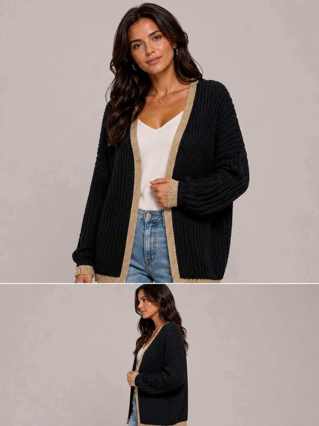 Ladies Italian edge to edge knitted cardigan in black with gold trim, soft ribbed knit open front cardigan for women, stylish lightweight layering knitwear.
