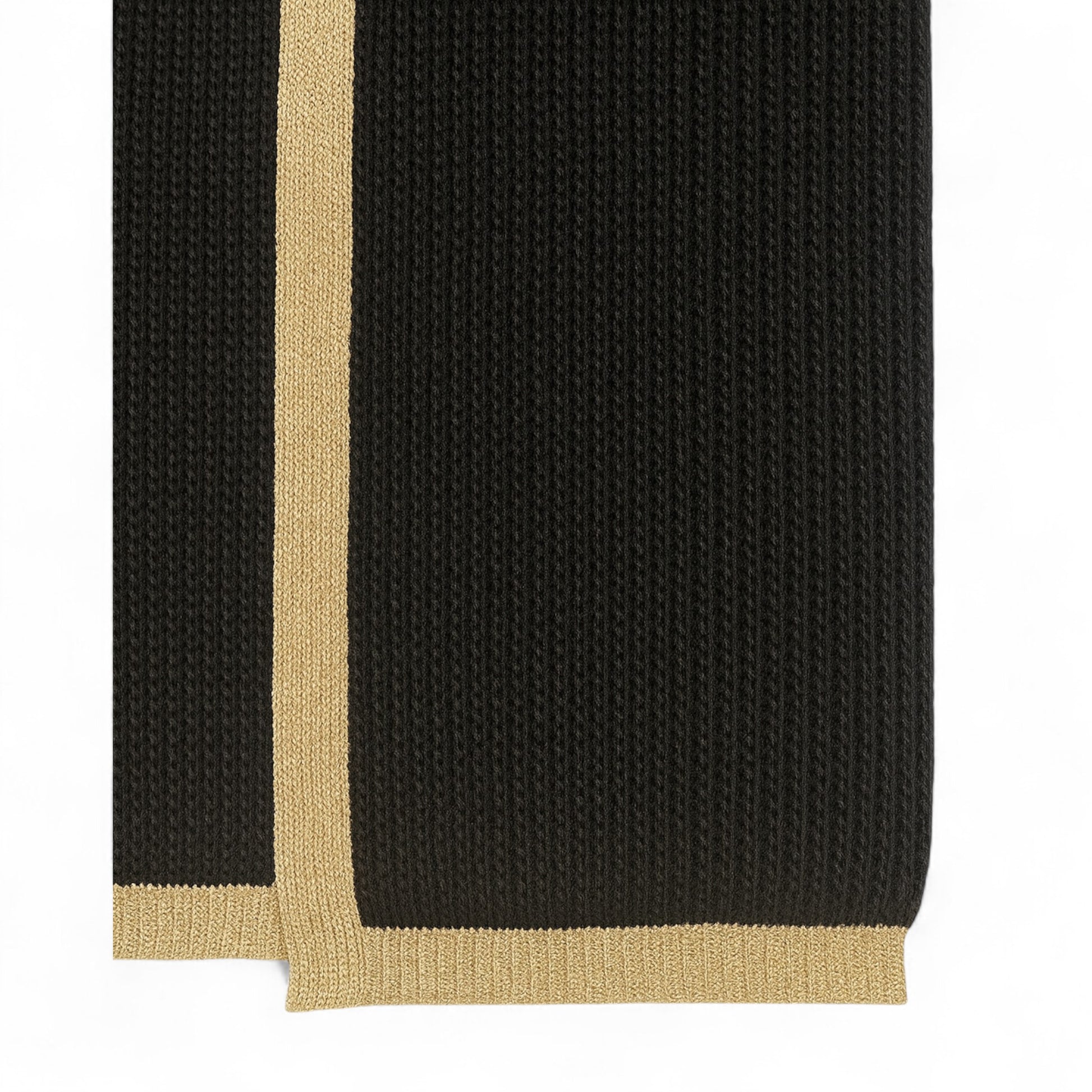 Ladies Italian edge to edge knitted cardigan in black with gold trim, soft ribbed knit open front cardigan for women, stylish lightweight layering knitwear.