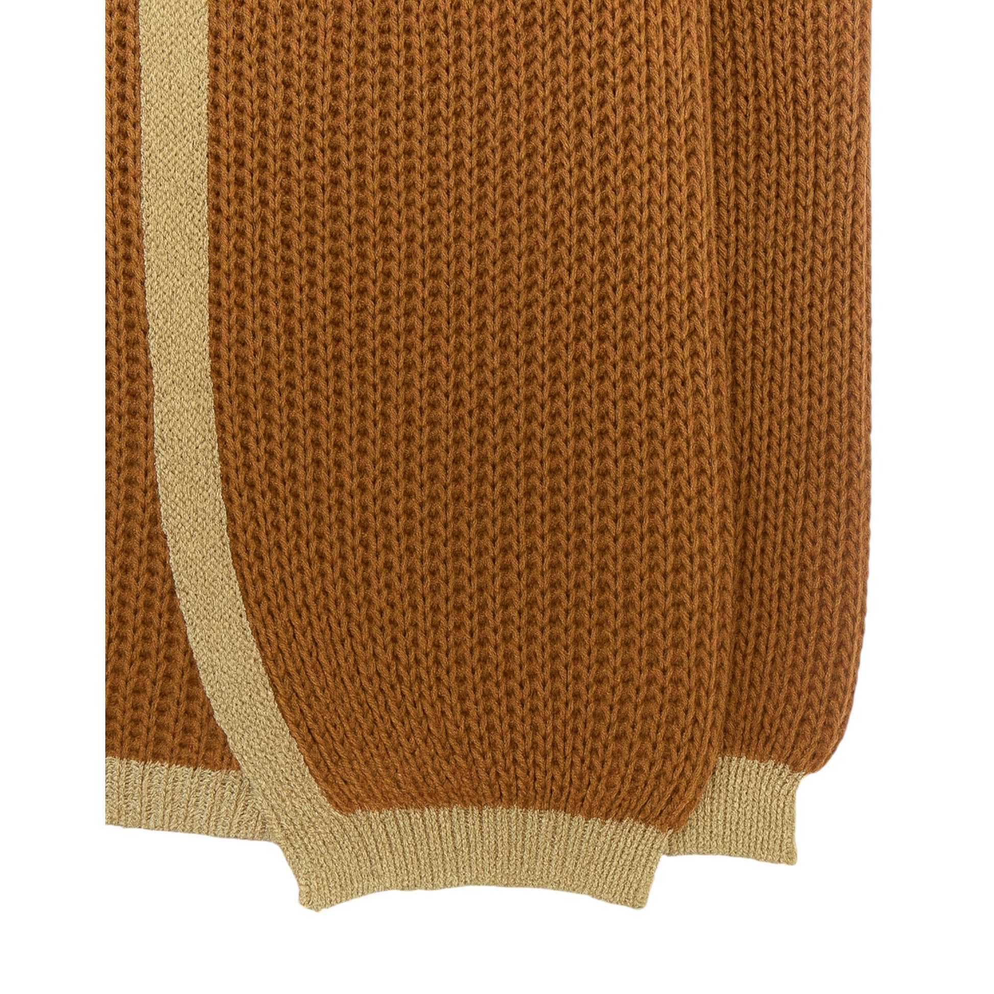 Ladies Italian edge to edge knitted cardigan in mocha with gold trim, soft ribbed knit open front cardigan for women, stylish lightweight layering knitwear.