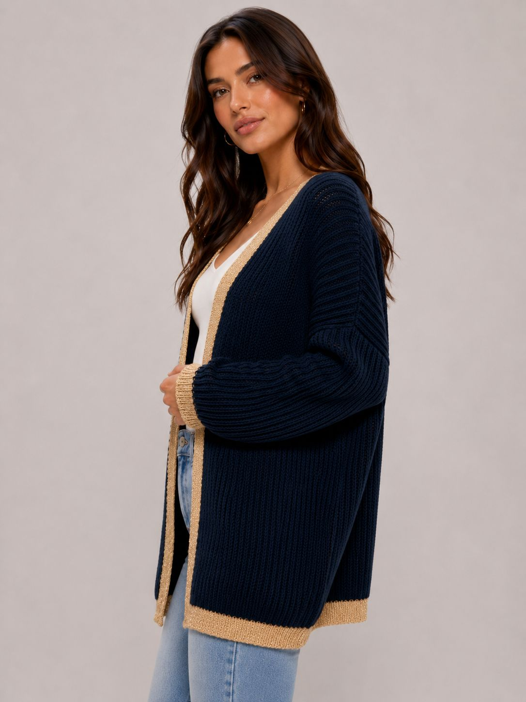 Ladies Italian edge to edge knitted cardigan in navy with gold trim, soft ribbed knit open front cardigan for women, stylish lightweight layering knitwear.
