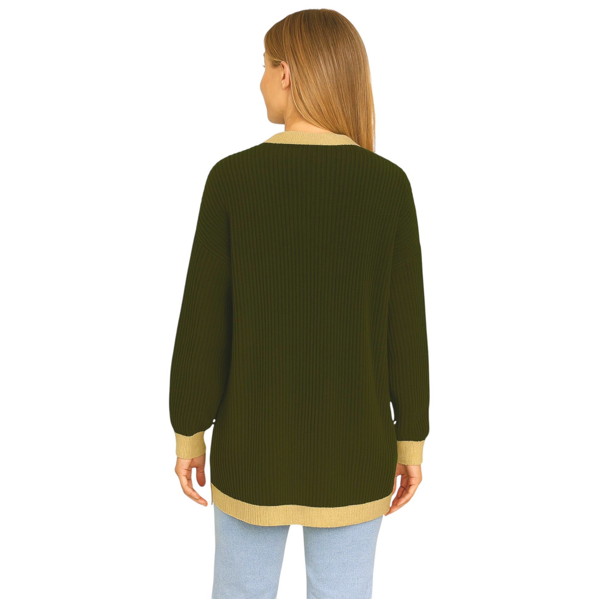 Ladies Italian edge to edge knitted cardigan in olive green with gold trim, soft ribbed knit open front cardigan for women, stylish lightweight layering knitwear.