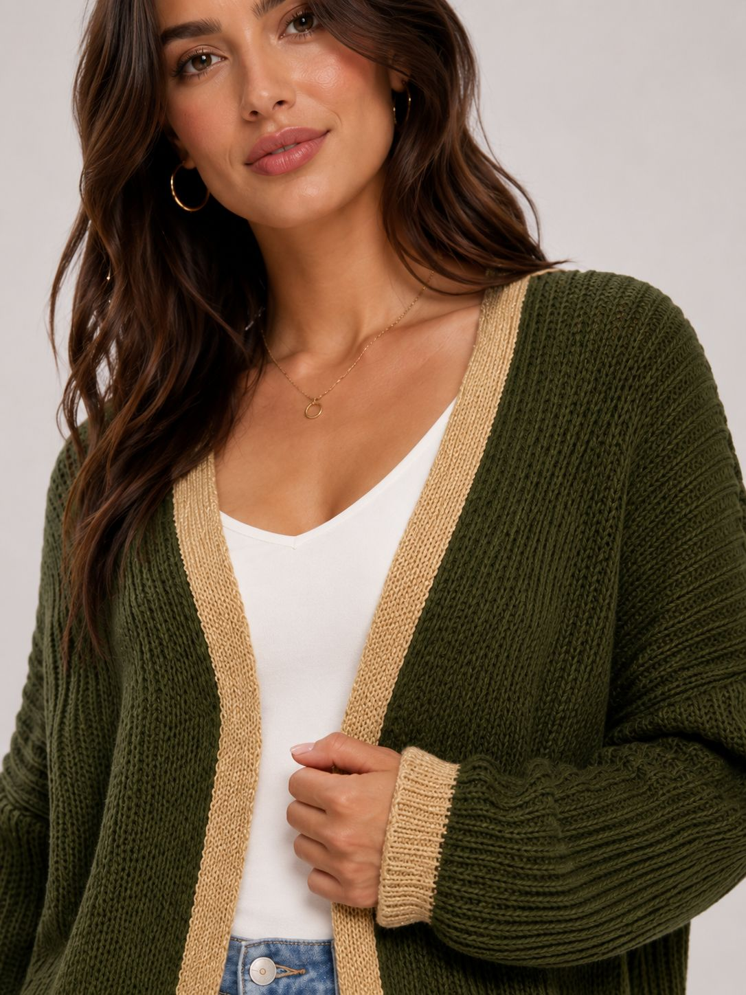 Ladies Italian edge to edge knitted cardigan in olive green with gold trim, soft ribbed knit open front cardigan for women, stylish lightweight layering knitwear.