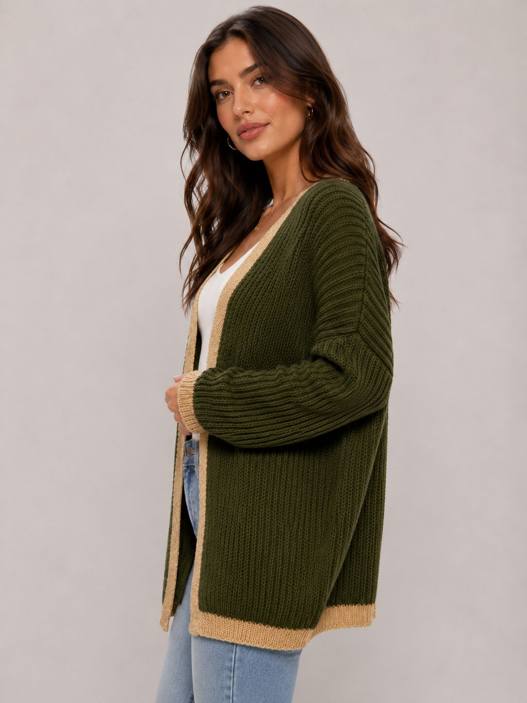 Ladies Italian edge to edge knitted cardigan in olive green with gold trim, soft ribbed knit open front cardigan for women, stylish lightweight layering knitwear.