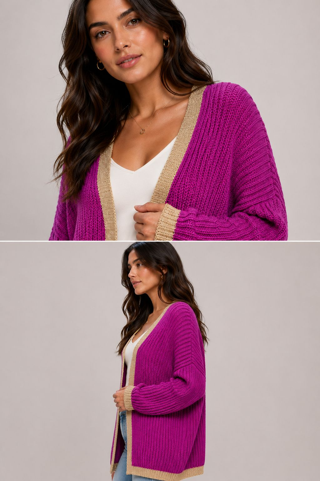 Ladies Italian edge to edge knitted cardigan in purple with gold trim, soft ribbed knit open front cardigan for women, stylish lightweight layering knitwear.