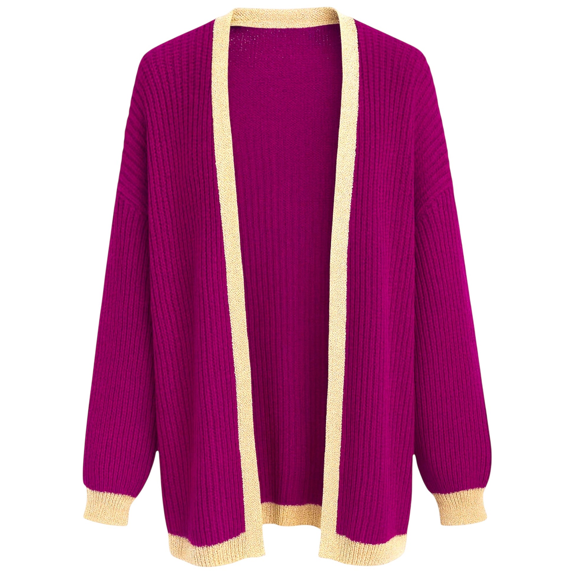 Ladies Italian edge to edge knitted cardigan in purple with gold trim, soft ribbed knit open front cardigan for women, stylish lightweight layering knitwear.