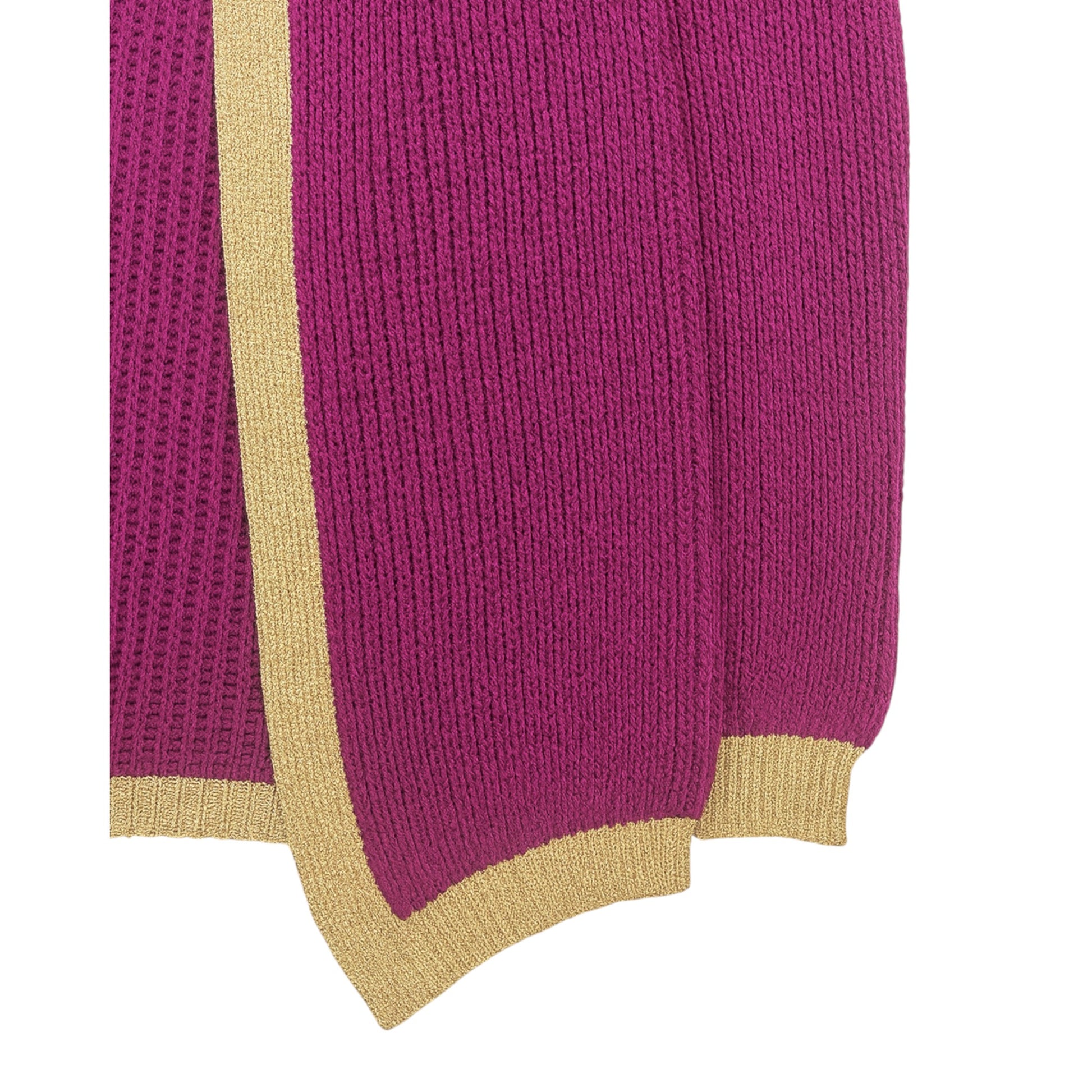 Ladies Italian edge to edge knitted cardigan in purple with gold trim, soft ribbed knit open front cardigan for women, stylish lightweight layering knitwear.