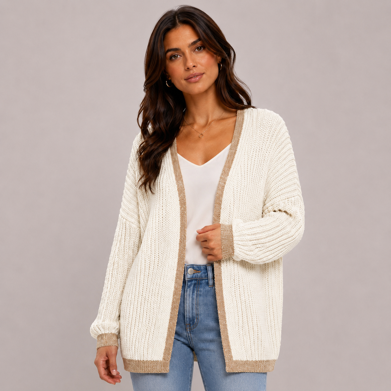 Ladies Italian edge to edge knitted cardigan in white with gold trim, soft ribbed knit open front cardigan for women, stylish lightweight layering knitwear.