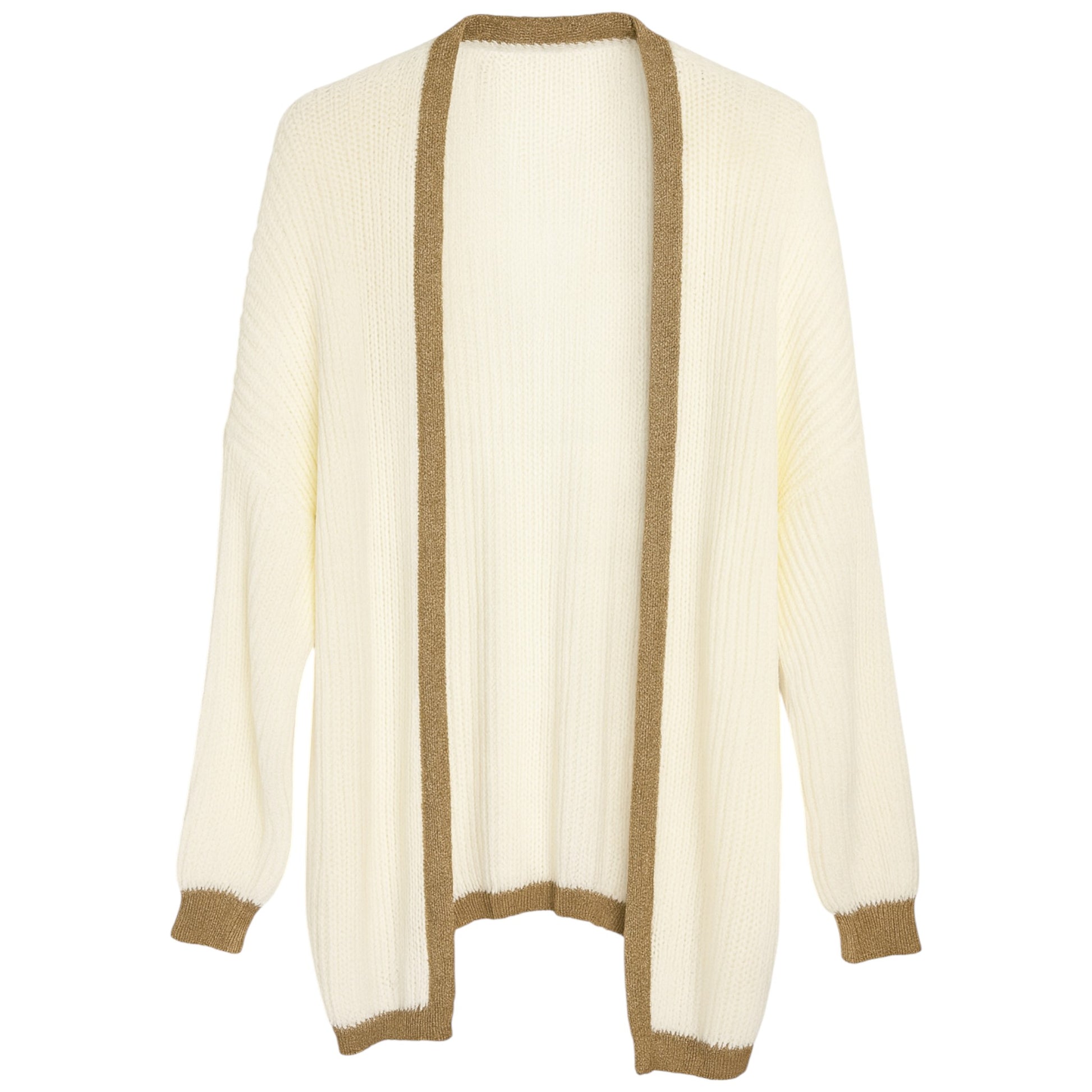 Ladies Italian edge to edge knitted cardigan in white with gold trim, soft ribbed knit open front cardigan for women, stylish lightweight layering knitwear.