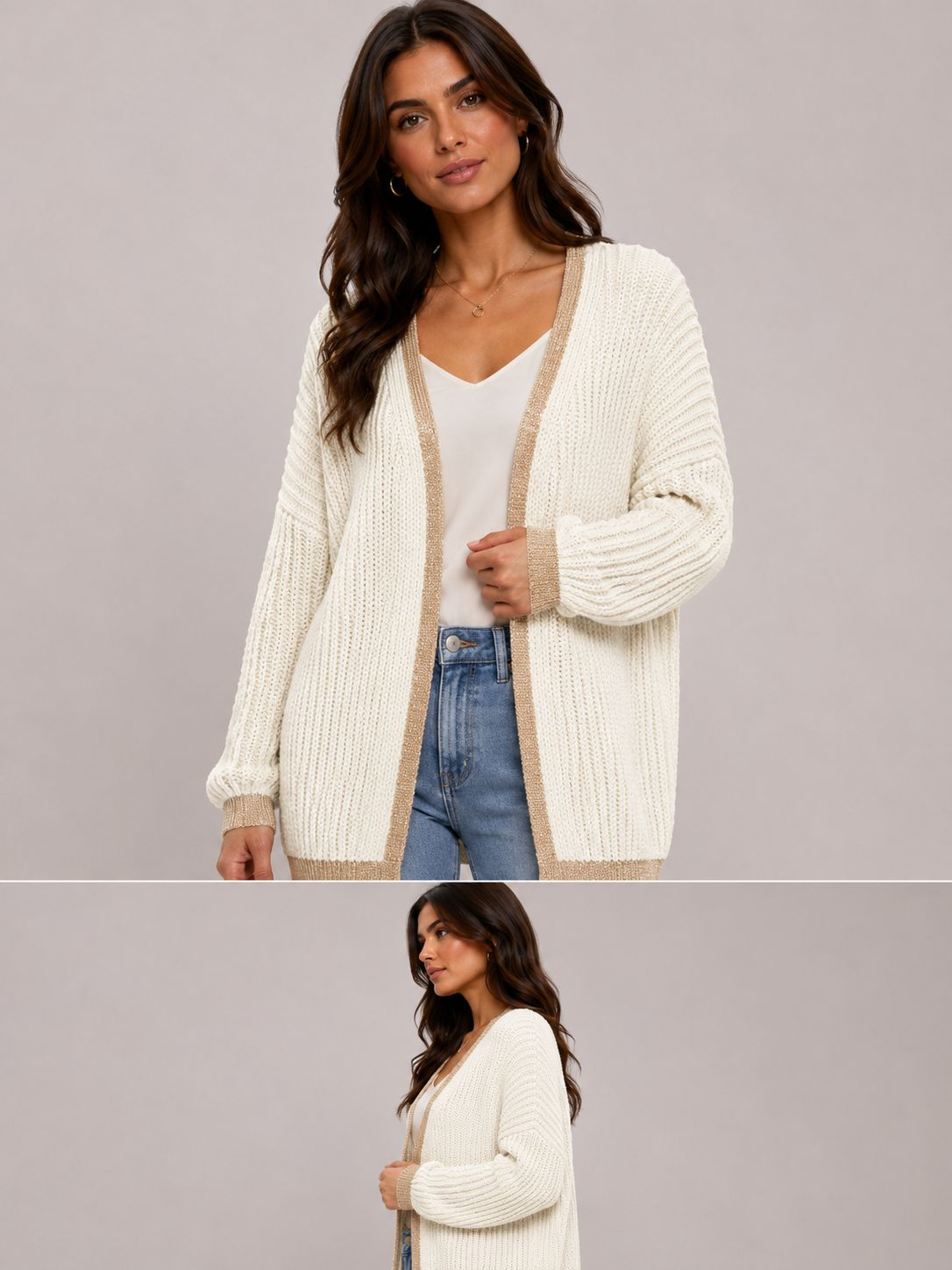 Ladies Italian edge to edge knitted cardigan in white with gold trim, soft ribbed knit open front cardigan for women, stylish lightweight layering knitwear.